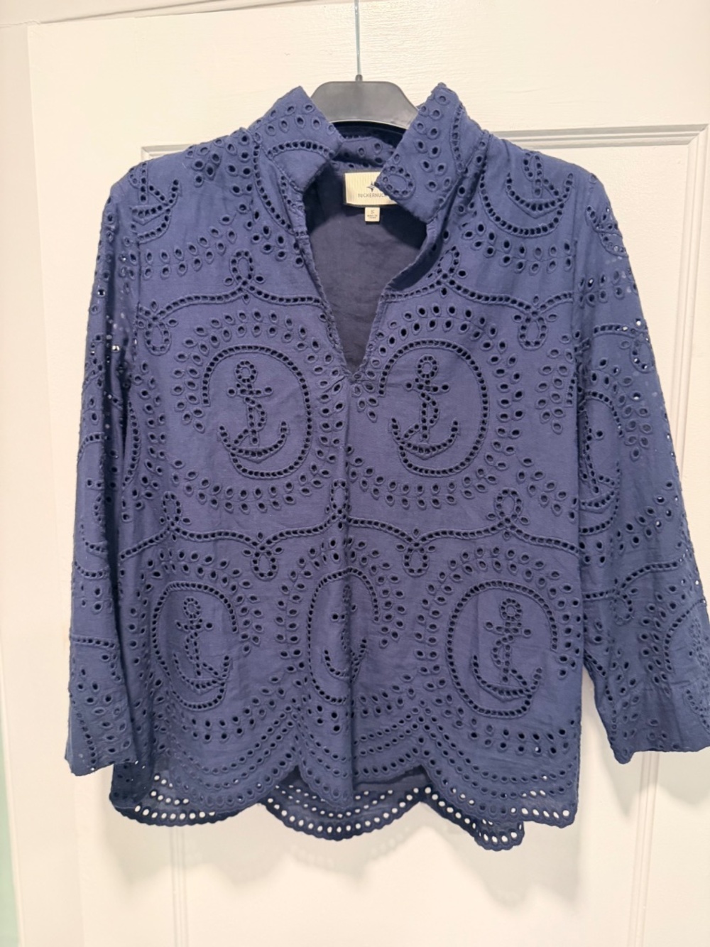 Tuckernuck Nautical Eyelet Margot Stand Collar Top - Navy - Size S - Picture 2 of 6